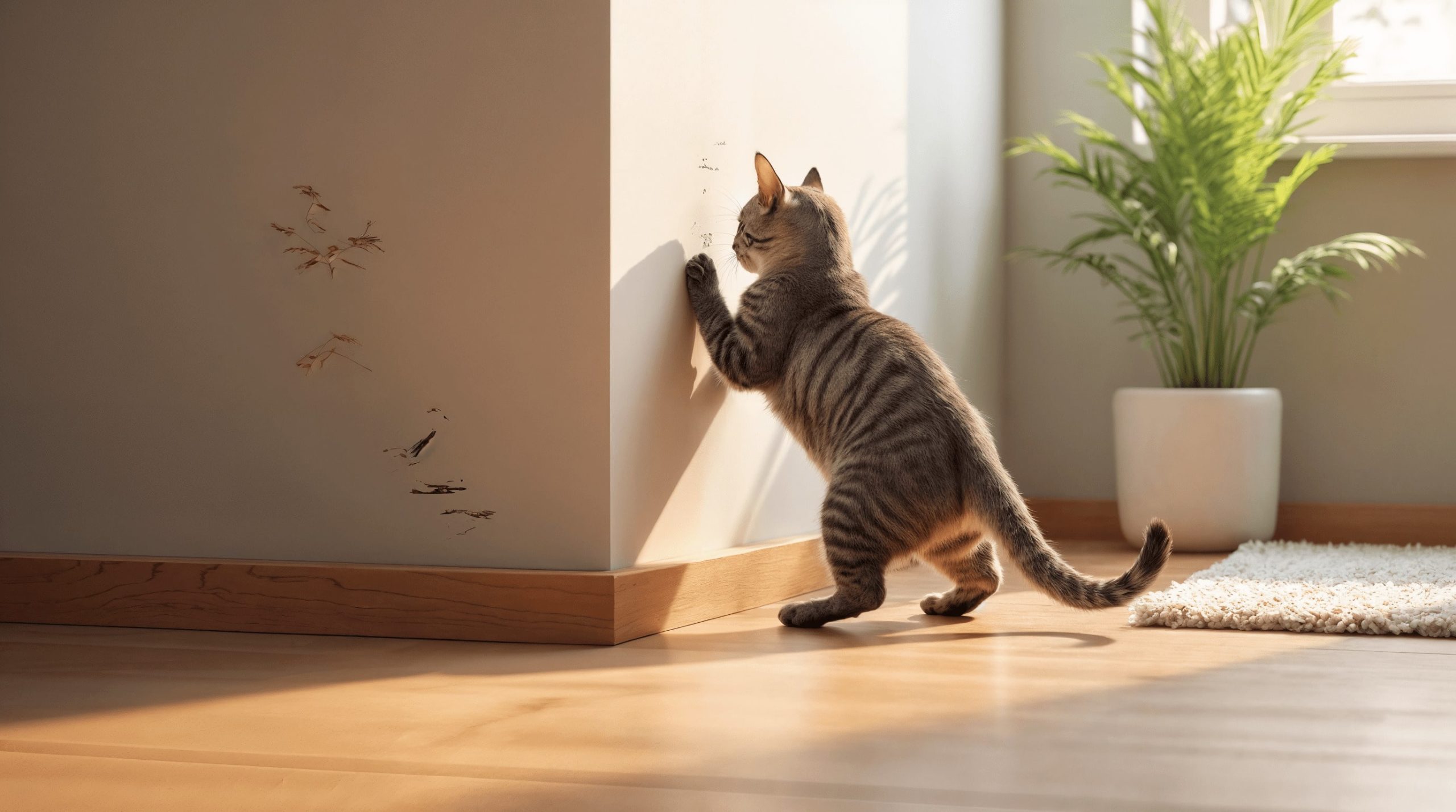 Katze kratzt an Wand in Wohnung – Symbol für mögliche Schäden, die durch Mietkautionsversicherung abgedeckt sind