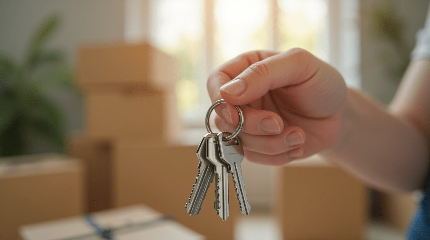 Hand hält Schlüsselbund vor gepackten Umzugskartons – Schlüsselübergabe ohne hohe Barkaution dank Mietkautionsversicherung.