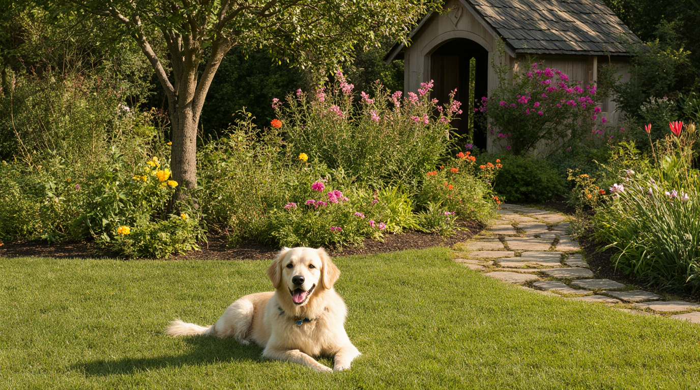 Hund liegt entspannt im Garten