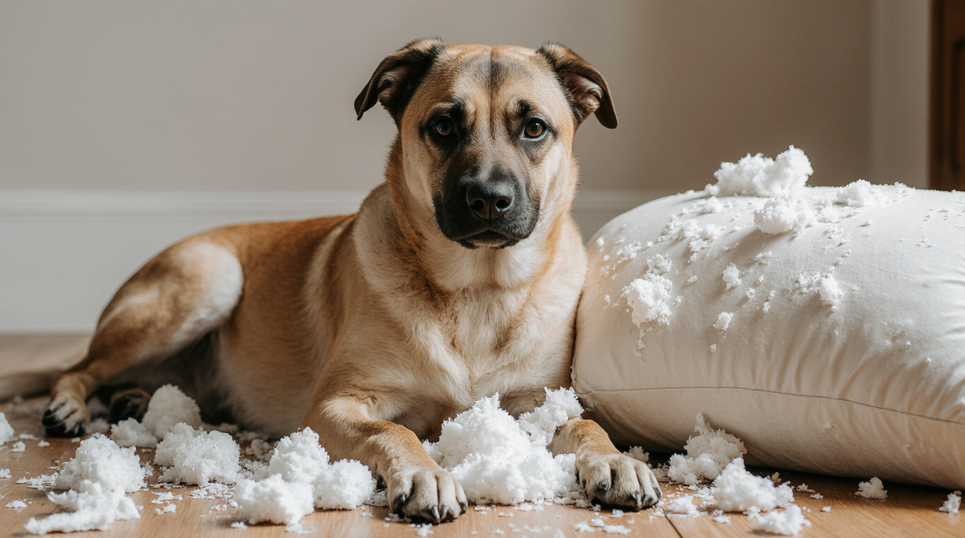 Hund neben zerstörtem Möbelstück