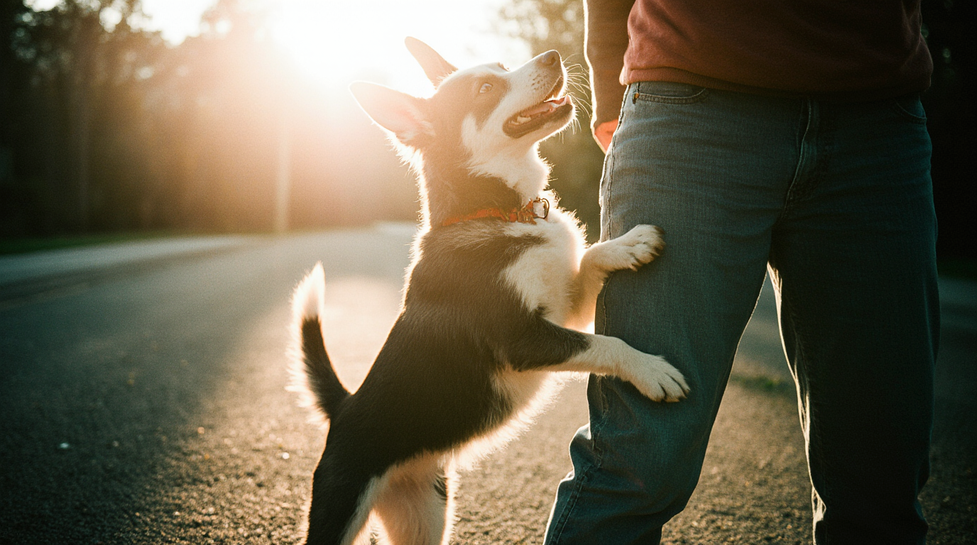 Hund springt an Passant hoch