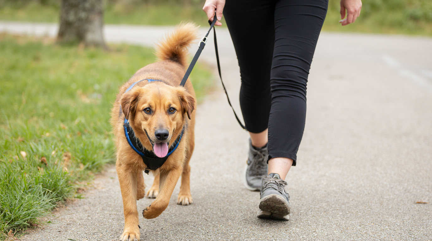 Hund mit Leine wird von Halterin geführt 