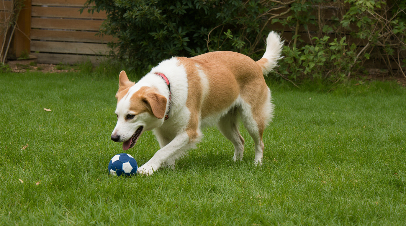 Hund spielt im Garten mit Ball